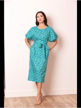 Ellie Kimono Sleeve Floral Print Dress in Green